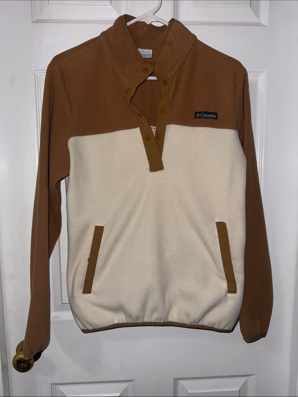 Columbia Cream and Brown Snap-Placket Fleece Pullover
